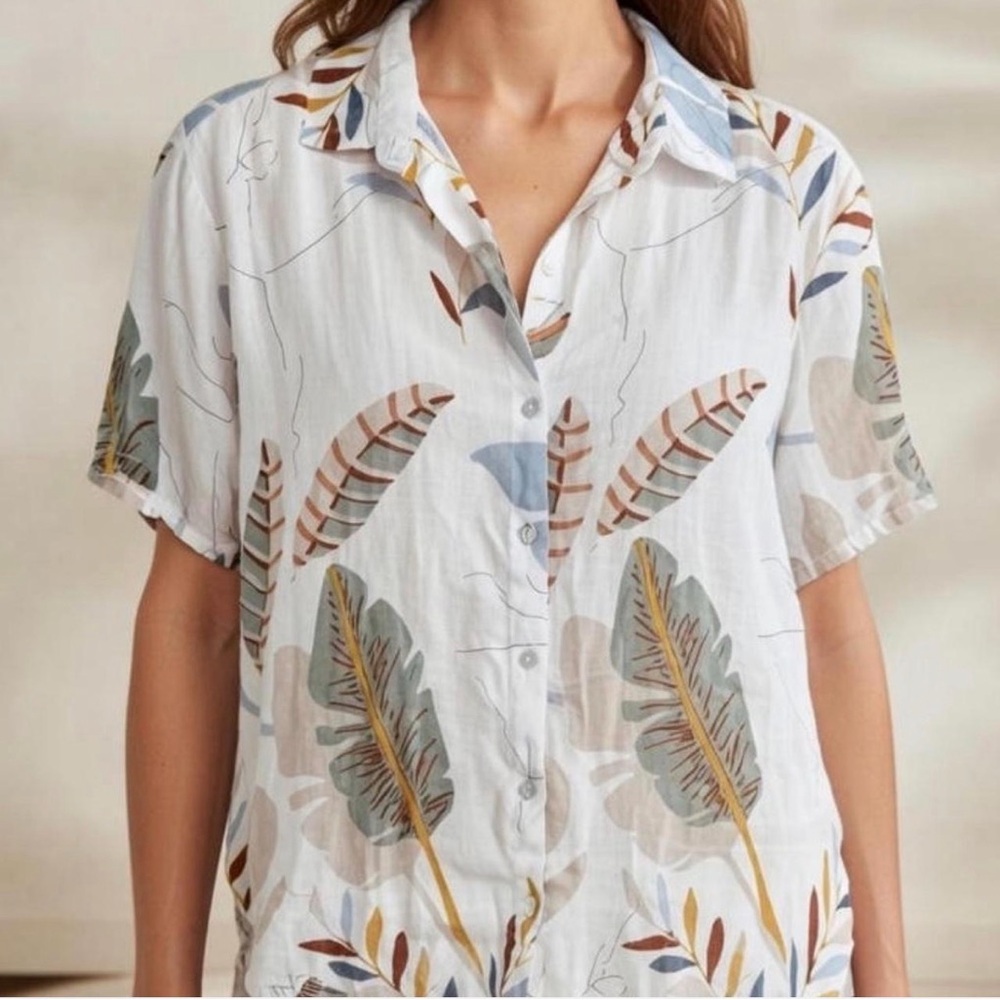 NWOT Cynthia Rowley 100% linen tropical Leaf Print short sleeve Button Shirt S